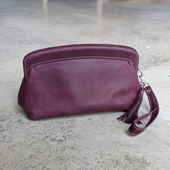 leather pochette purple wrist strap