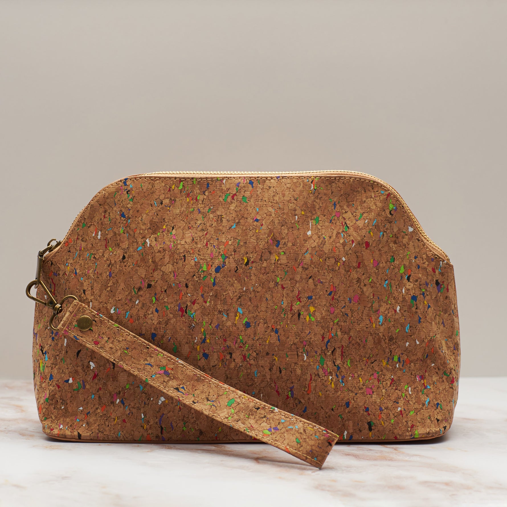 unique knitting project bag made from cork with colourful confetti speckles